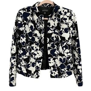 Kasper Blazer Womens 6 Navy Black White Floral Open Front Artsy Statement Career